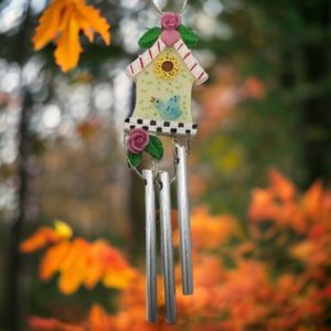 Birdhouse Wind Chimes Resin Floral House Blue Bird Hanging Metal Rods Checkered
